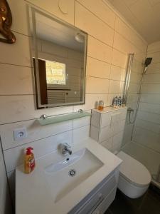 a bathroom with a sink and a toilet and a mirror at Sonnenblick in Edertal +22 photos