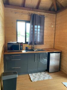 a kitchen with a counter and a microwave in a room at Fare Teimana Vaianae in Vaianae