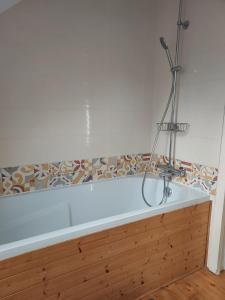 a bath tub with a shower in a bathroom at Gîte Baumelin près de Dinan in Guenroc +21 photos