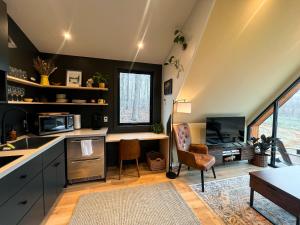 a kitchen with a sink and a desk in a room at Bison Farm - Cabin Brisa in Culpeper +16 photos