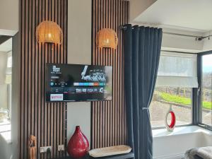 a living room with a tv on a wall at the ring of kerry riverside apartment in Killorglin