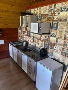 a kitchen with a counter with a microwave and a stove at Refúgio do Lago in Fraiburgo