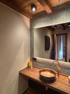 a bathroom with a sink and a large mirror at Masia de Can Roig in Riells