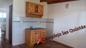 a kitchen with a sink and wooden cabinets in a room at Complejo las Quintas in Santa Teresita