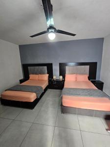 a bedroom with two beds and a ceiling fan at Hostal Livette in Guadalajara