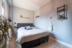 a bedroom with a bed with a blue wall at Hoek de luxe in Zoetermeer +5 photos