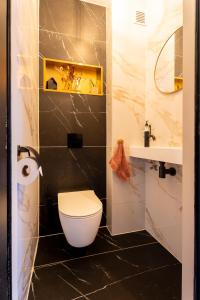 a bathroom with a toilet and a sink at Hoek de luxe in Zoetermeer