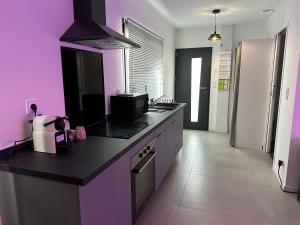 a kitchen with purple walls and a black counter top at Jacuzzi et cinéma privatif P1 in Pessac