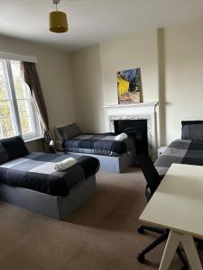 a living room with two beds and a fireplace at Two Perfect for large groups and secured free parking in Reading
