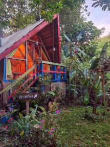 a small wooden house with a window and flowers at DondeLalo Hospedaje y Camping in Heredia +18 photos