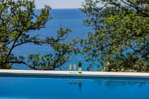 a bottle of wine and two glasses next to a swimming pool at Apartments Pietra Mare in Petrovac na Moru