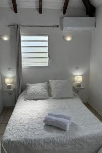 a bedroom with a bed with two pillows and a window at Villa Dulce Caliente au Vauclin in Le Vauclin +6 photos