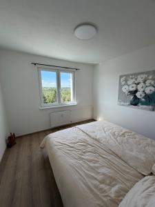 a white bedroom with a bed and a window at Váš domov v Kruškách in Rotava
