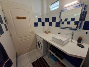 a bathroom with a sink and a washing machine at Studio vu sur les caraïbes in Les Trois-Îlets +40 photos