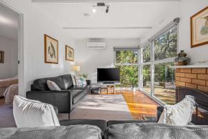 a living room with a couch and a television at Wattletree Cottage Halls Gap in Halls Gap