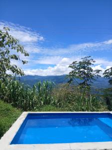 a blue swimming pool with a view of the mountains at Posada Rural Aguita de Panela in La Vega