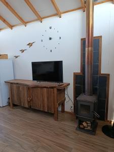a living room with a tv and a wood stove at Cabaña Rústica en Papudo in Papudo