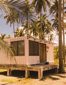 a tiny house on a bench in front of palm trees at Cote Resort in Dipaculao
