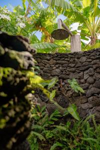 a stone wall with a bird feeder on it at Kona Koa Lodge in Hanga Roa