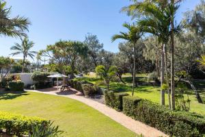 a park with palm trees and a path at Surfside Buddina Beachfront 3bed Apt - Direct Beach Access in Buddina