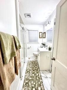 a bathroom with a shower and a toilet and a rug at The Tee Time Cottage in Augusta