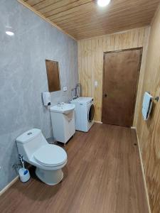 a bathroom with a toilet and a sink and a washing machine at Siloe in Coihaique