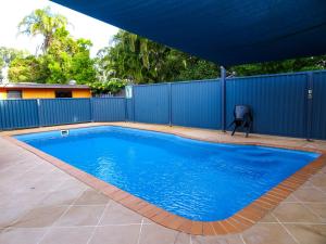 a large blue swimming pool with a blue umbrella at Sunlodge Caravan Park in Hervey Bay