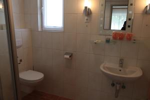 a bathroom with a toilet and a sink at Pension Casa Topolino in Wiener Neustadt