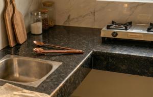 a kitchen counter with a sink and a stove at Greenwood stay in Bhilai +2 photos