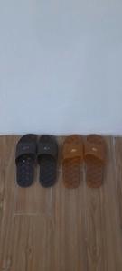 four pairs of shoes are lined up on a wooden floor at Green Nest Hotel in Hanoi