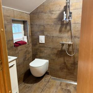 a bathroom with a toilet and a shower at Nõmme Apartments in Tallinn +46 photos