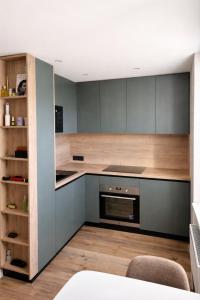a kitchen with gray cabinets and a stove at Balvi Ezera Street in Balvi