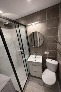 a bathroom with a toilet and a sink and a mirror at Balvi Ezera Street in Balvi
