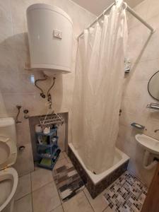 a bathroom with a toilet and a shower curtain at Konak kod Daće in Drvar