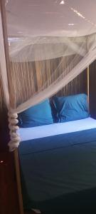 a bunk bed with blue pillows on top of it at Bungalow Frédéric in Hell-Ville