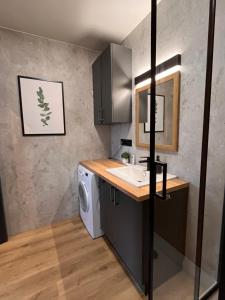 a laundry room with a sink and a washing machine at Mountain View Home in Wysowa-Zdrój +6 photos