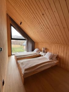two beds in a room with a large window at Mountain View Home in Wysowa-Zdrój