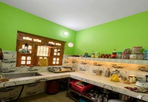 a large kitchen with green walls and a counter top at Peace Forest Retreat in Gopeshwar +5 photos