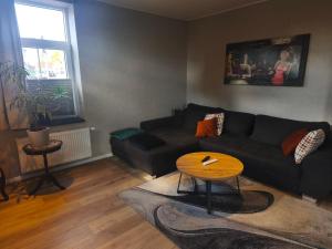 a living room with a couch and a table at Hehlentor Fachwerkwohnung in Celle