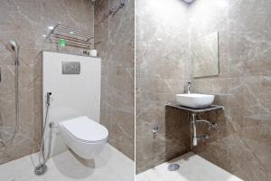 two pictures of a bathroom with a toilet and a sink at FabHotel Swastik Villa in Varanasi +25 photos