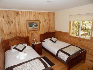 two beds in a room with wooden walls and a window at Cabañas Nutrias Patagonicas in Puelo