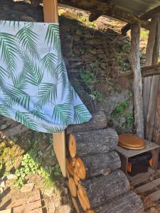an umbrella sitting next to a pile of logs at Caravane dans les Cévennes in Saint-Germain-de-Calberte