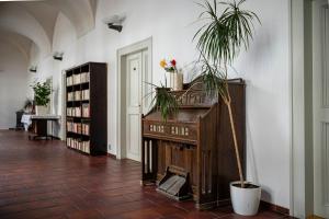 a library with two potted plants on top of a piano at Hotel Adalbert in Prague