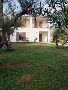 a white house with trees in front of it at Leo House in Selínia
