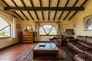 a living room with leather furniture and a large window at Podere Magnolia in Pisa