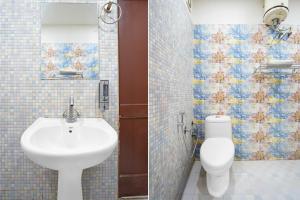 two pictures of a bathroom with a sink and a toilet at Super Townhouse by OYO Cosmo Mall Zirakpur Formerly R K Residency in Zirakpur