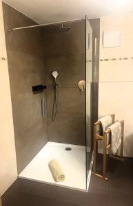 a shower with a glass door in a bathroom at Watzmann-Appartement in Ramsau +34 photos