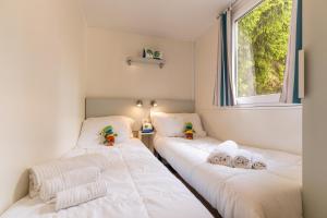 two twin beds in a room with a window at Club del Sole Val di Fiemme Easy Camping Village in Bellamonte