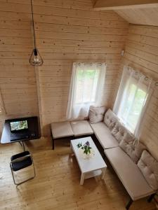 an overhead view of a living room with a couch and a tv at Vanagu priedes in Kalngale
