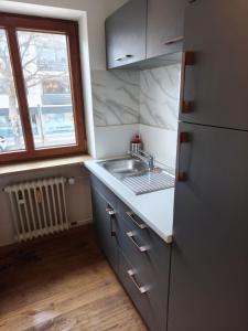 a small kitchen with a sink and a window at Apartment King Louie in Prien am Chiemsee